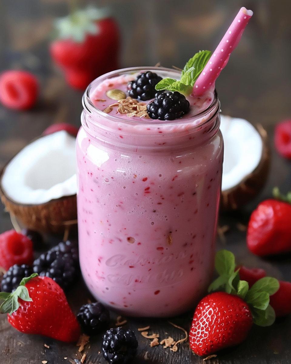 Berry coconut milk smoothie in a mason jar